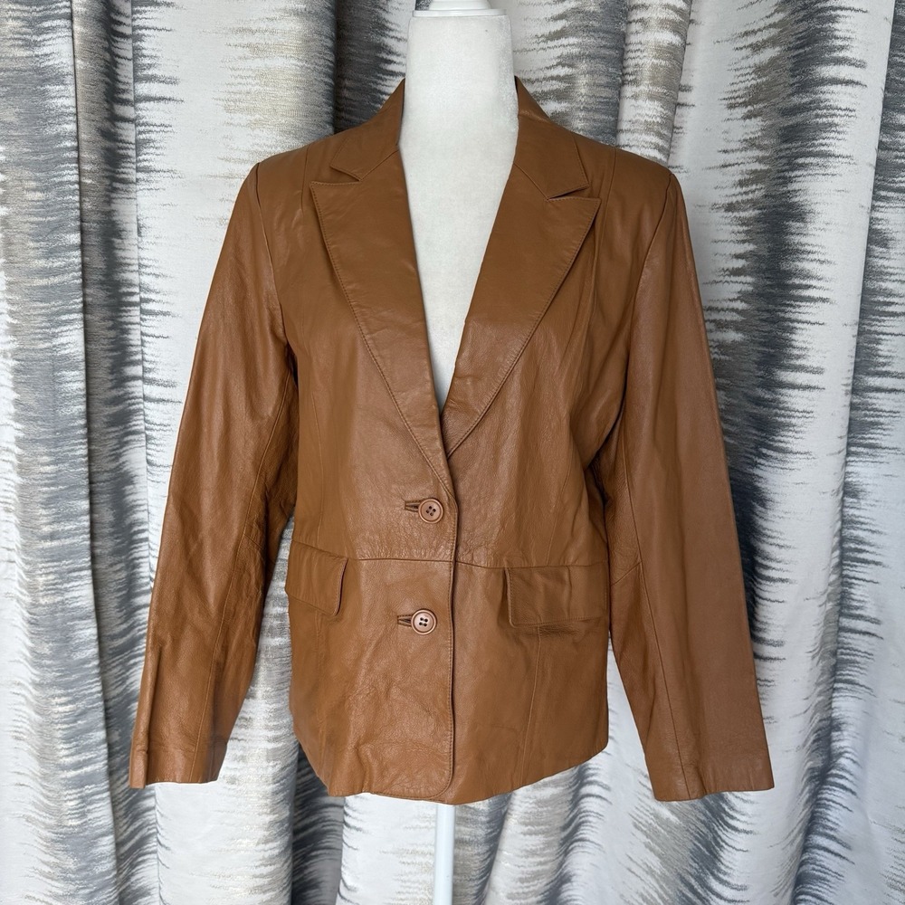 Vintage Bagatelle Leather Trim Classic Blazer Jacket Womens Size 10 Tan 2-Button